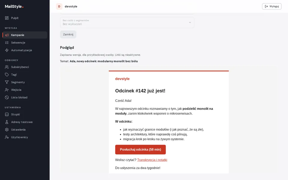 Podgląd wysłanej kampanii w MailStyle: mail z zapowiedzią odcinka podcastu, listą tematów i przyciskiem