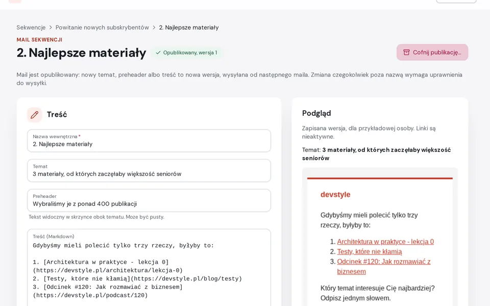 Edytor maila w MailStyle: treść w Markdown po lewej, podgląd gotowego maila po prawej