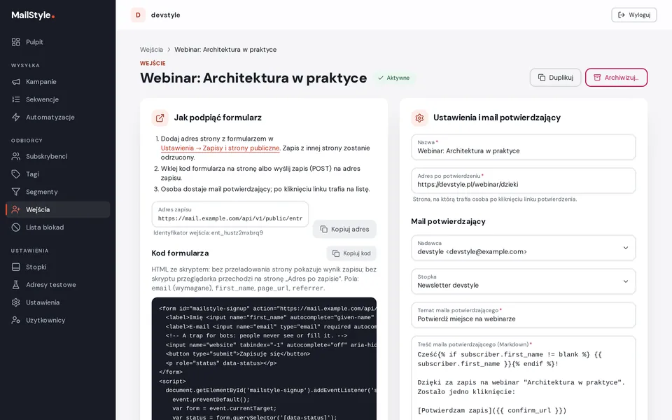 Wejście w MailStyle: instrukcja podpięcia, kod formularza do wklejenia na landing i ustawienia maila potwierdzającego