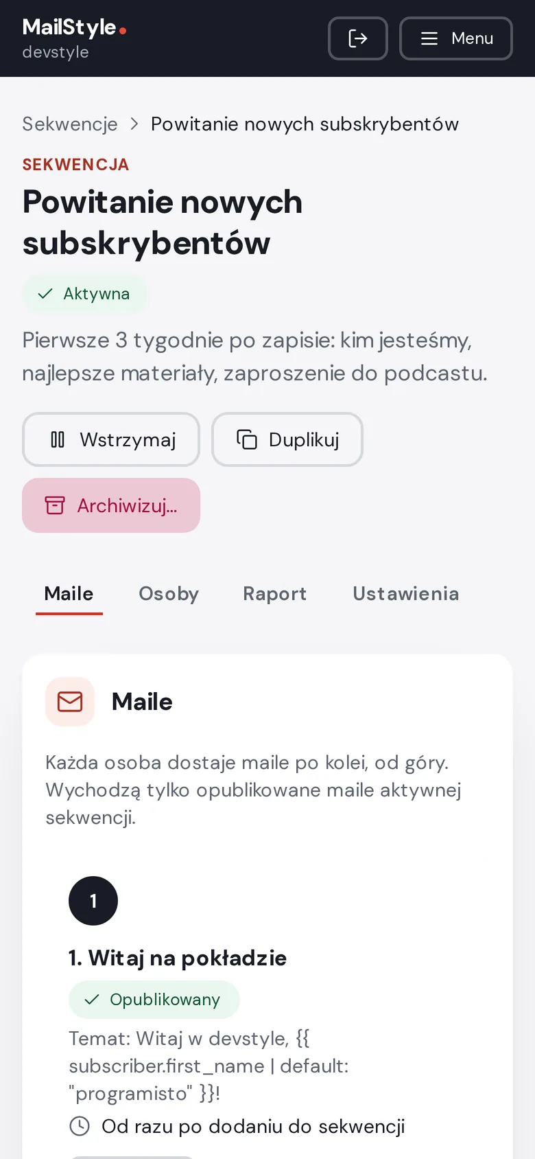Sekwencja maili w MailStyle na ekranie telefonu