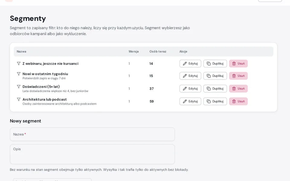 Segmenty w MailStyle z liczbą osób w każdym z nich i edytorem warunków