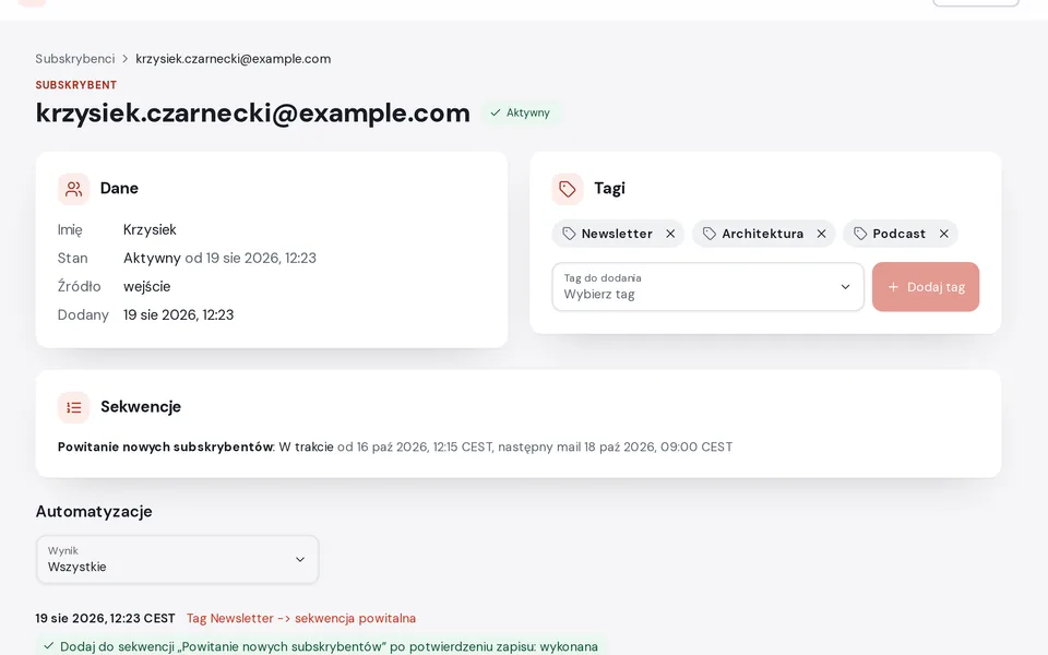 Karta subskrybenta w MailStyle: dane, stan, tagi, postęp w sekwencji i dziennik automatyzacji